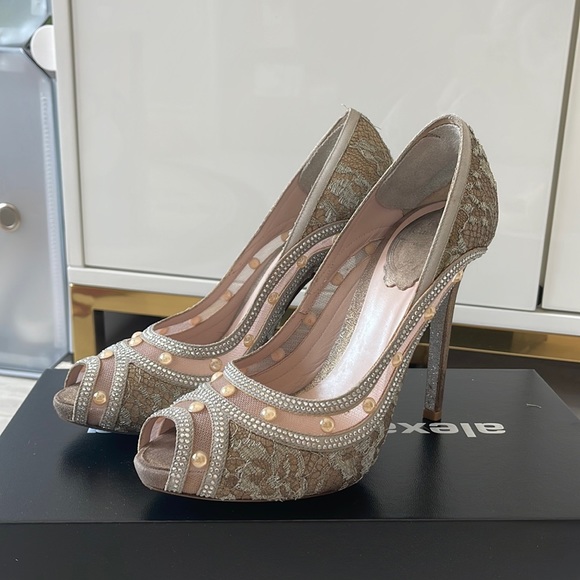 Rene Caovilla Shoes - Rene Caovilla Satin and Mesh Crystal and Pearl Embellished Peep-Toe Pumps